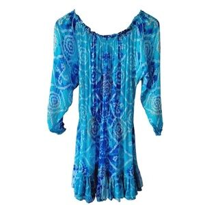 Juliet Dunn Blue Pattern Silk Off The Shoulder Dress